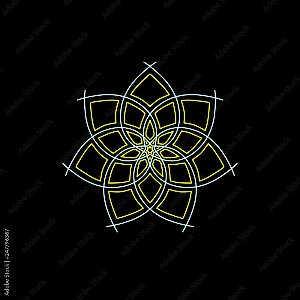 Fototapeta premium Simple composition of abstract flower with mandala shape and black background.
