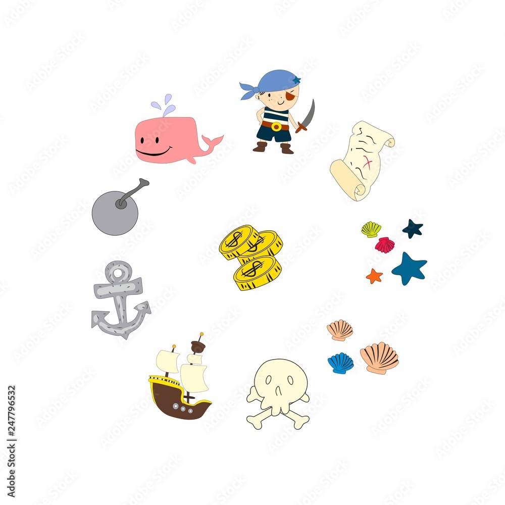 Fototapeta premium Pirate adventures Pirate party Kindergarten pirate party for children Adventure, treasure, pirates, octopus, whale, ship Kids drawing pattern for banners, leaflets, brochure, invitations