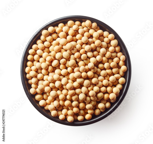 Bowl of soybeans isolated on white, from above