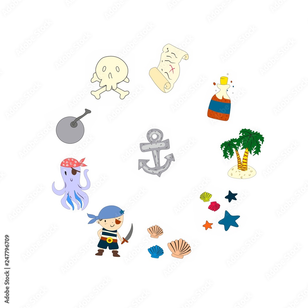 Pirate adventures Pirate party Kindergarten pirate party for children Adventure, treasure, pirates, octopus, whale, ship Kids drawing pattern for banners, leaflets, brochure, invitations