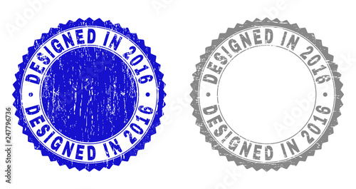 Grunge DESIGNED IN 2016 stamp seals isolated on a white background. Rosette seals with distress texture in blue and grey colors. Vector rubber watermark of DESIGNED IN 2016 tag inside round rosette.
