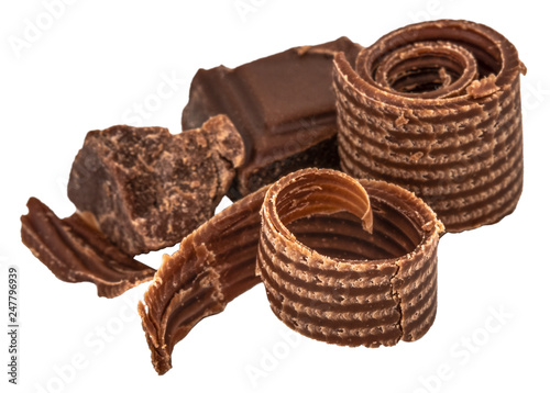 hocolate shavings and chocolate pieces isolated on white background photo