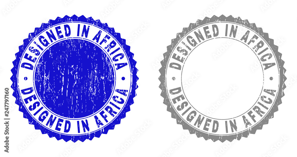 Grunge DESIGNED IN AFRICA stamp seals isolated on a white background. Rosette seals with grunge texture in blue and gray colors. Vector rubber overlay of DESIGNED IN AFRICA title inside round rosette.