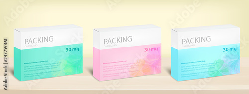 Cardboard packaging on wooden surface, vector