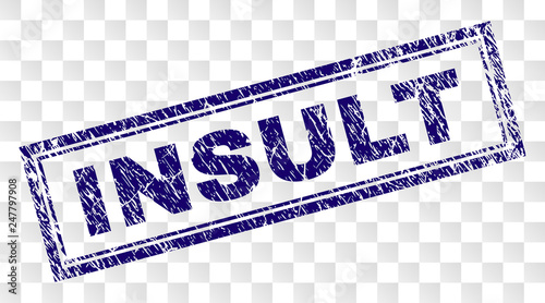 INSULT stamp seal print with grunge style and double framed rectangle shape. Stamp is placed on a transparent background. Blue vector rubber print of INSULT tag with grunge texture.