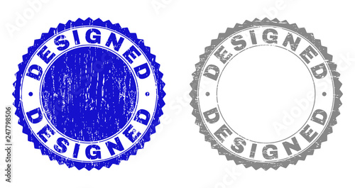 Grunge DESIGNED stamp seals isolated on a white background. Rosette seals with grunge texture in blue and grey colors. Vector rubber stamp imprint of DESIGNED caption inside round rosette.