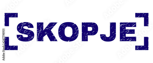 SKOPJE label seal print with corroded style. Text title is placed between corners. Blue vector rubber print of SKOPJE with unclean texture.