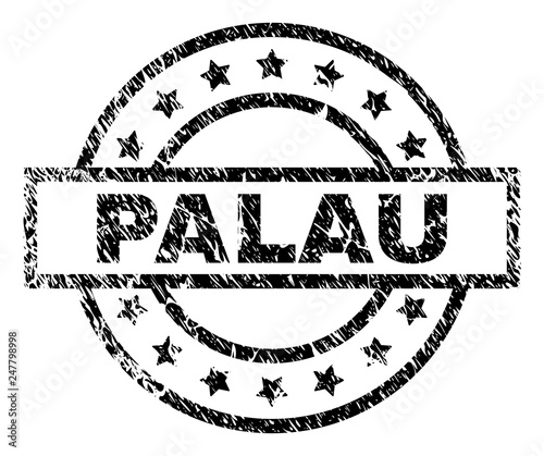 PALAU stamp seal watermark with distress style. Designed with rectangle, circles and stars. Black vector rubber print of PALAU label with unclean texture.