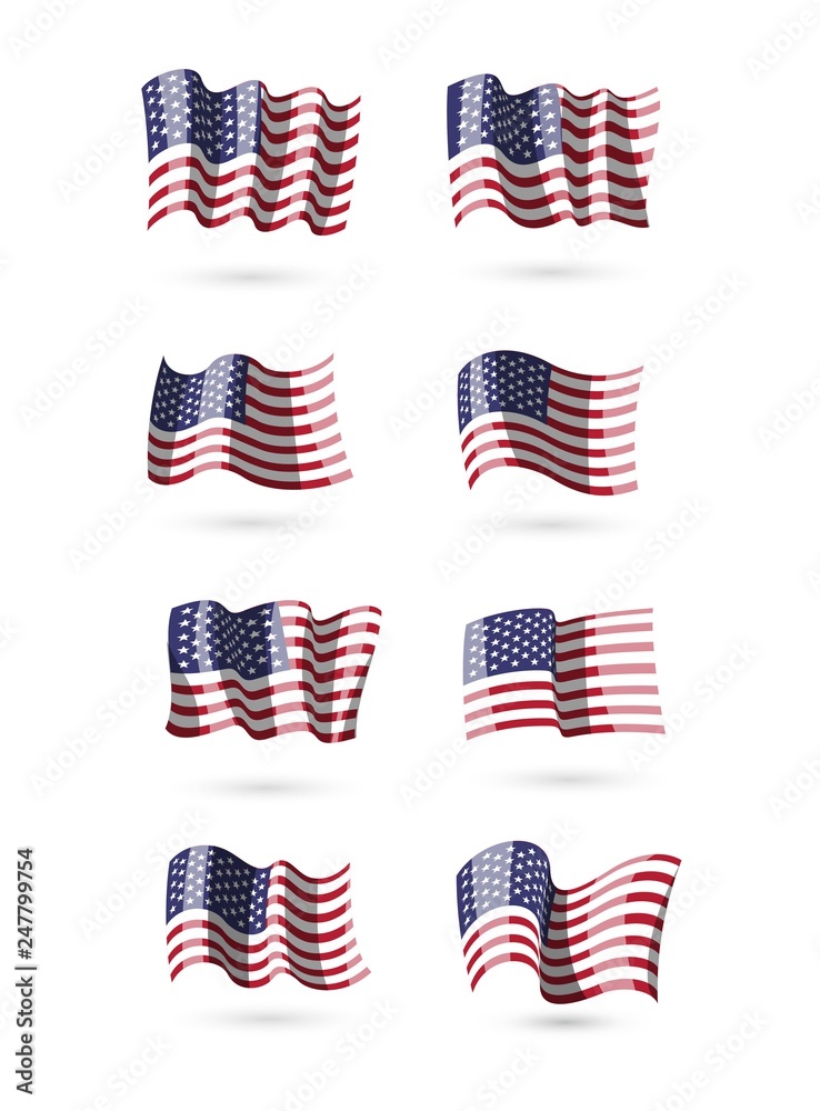 Collection of waving american flags. Set of USA symbol. Patriotic banner Collection of waving american flags. Set of USA symbol. Patriotic banner