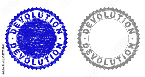 Grunge DEVOLUTION stamp seals isolated on a white background. Rosette seals with grunge texture in blue and gray colors. Vector rubber stamp imitation of DEVOLUTION label inside round rosette.