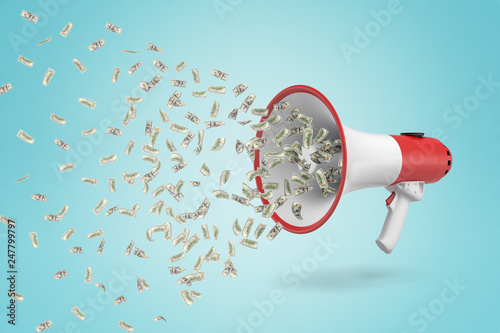 3d rendering of money dollars flying out of white red megaphone on blue background