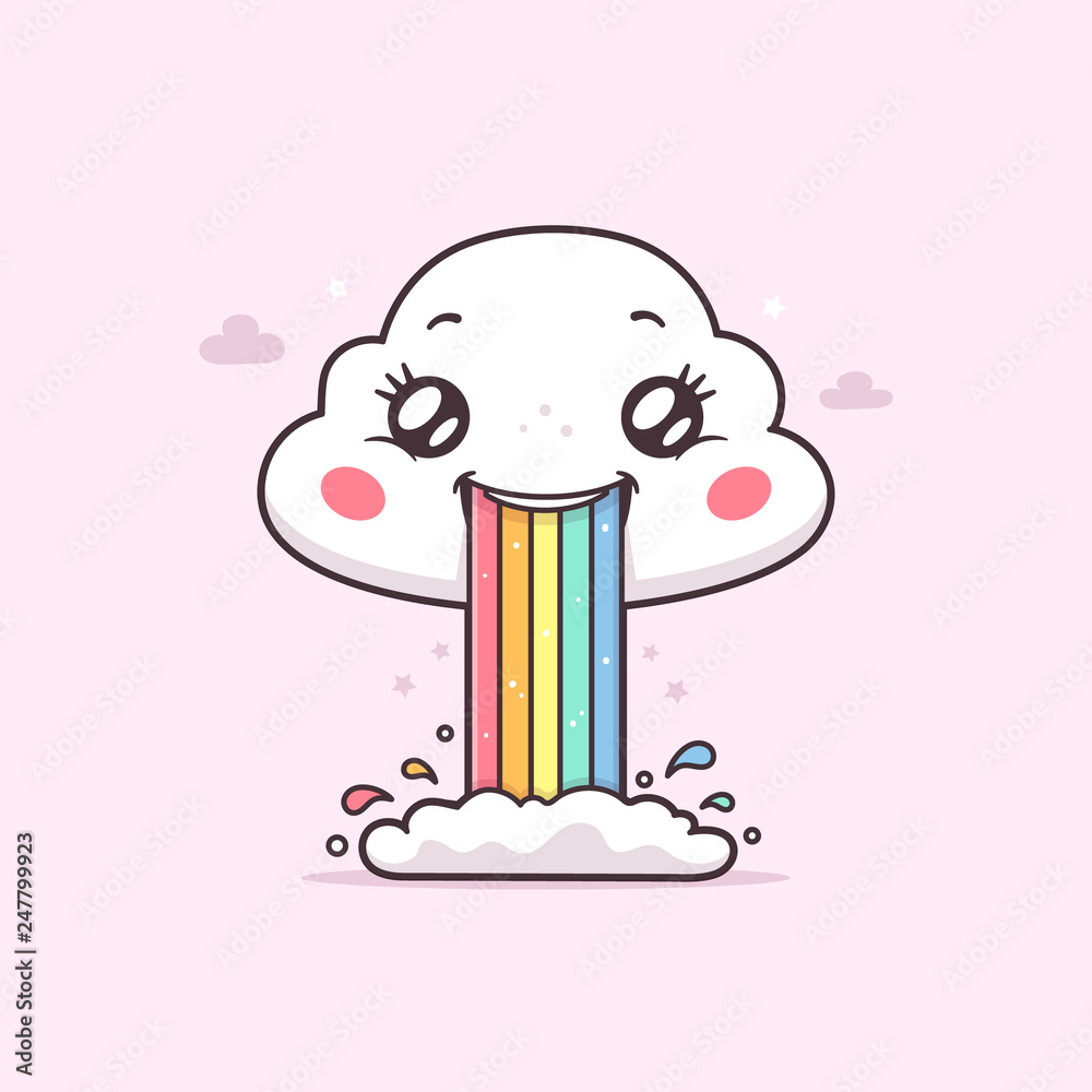 Cute kawaii cloud puking or vomiting rainbow vector cartoon illustration St...