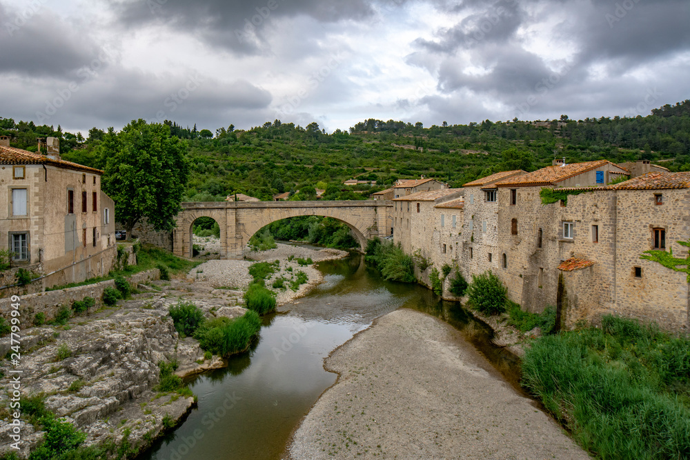 Lagrasse village in southern France on a cloudy day