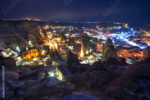 The great tourist place Cappadocia - at night time with beautiful light. Goreme, Cappadocia, Turkey