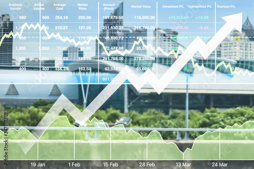 Stock financial index of successful investment on property real estate business and construction industry with graph and chart on city background.