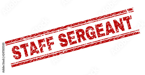 STAFF SERGEANT seal stamp with distress texture. Red vector rubber print of STAFF SERGEANT caption with dirty texture. Text caption is placed between double parallel lines.