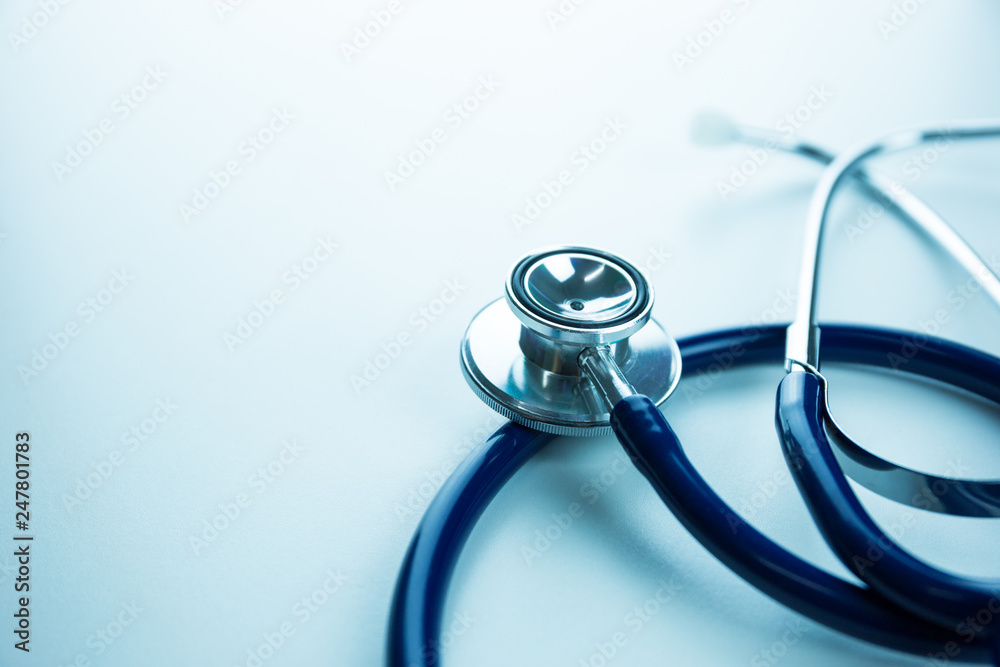Medical stethoscope or phonendoscope on white background / copy space /  concept of medicine and health care