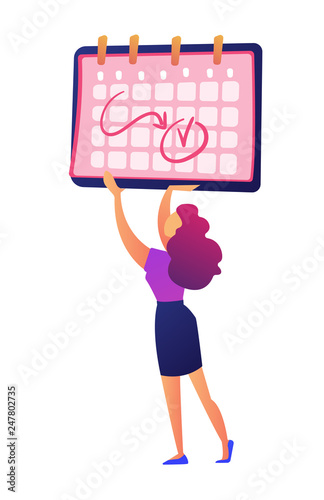 Businesswoman holding calendar with notes on dates vector illustration. Planning working month, shedule and time management, business planning and deadline concept. Isolated on white background.