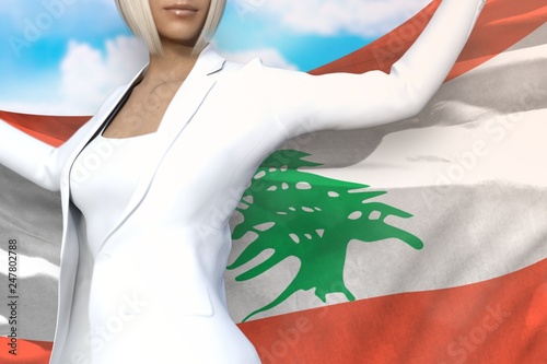 young business woman holds Lebanon flag in hands behind her back on the blue sky background - flag concept 3d illustration