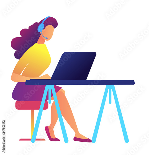 Female call center operator with headset working with laptop at desk vector illustration. Customer support and consultant, phone assistance and online job concept. Isolated on white background.