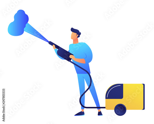 Cleaner using vapor steam cleaner vector illustration. Steam vacuum cleaner and household appliance, housework equipment, hypoallergenic cleaning service concept. Isolated on white background.
