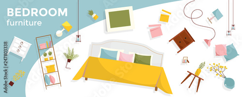 Horizontal banner with a lot of flying Bedroom furniture and text. Interior items - bed, nightstands, plants, pictures, pillows. Cozy set of floating furniture. Flat cartoon style vector illustration