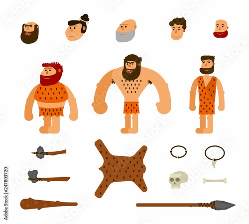 Vector set with prehistoric people. For teaching aid, animation, explainer, infographics. Isolated on white background