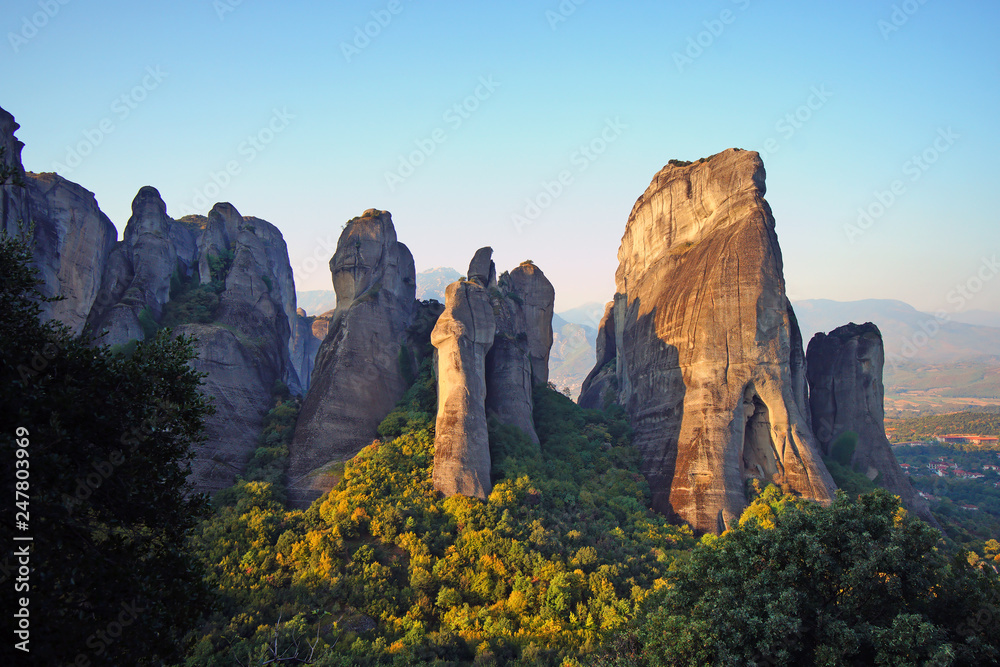 Beautiful light effect at dawn of the Meteora rock formations