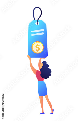 Female shopper holding a big price tag with dollar sign vector illustration. Customer shopping and sale, discount and retail, purchase and promotion concept. Isolated on white background.