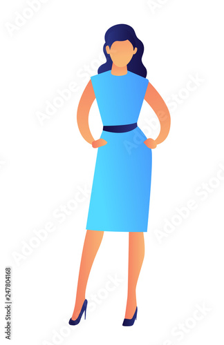Elegant fashion model wearing dress and posing with hands on hips vector illustration. Fashion model casting and style clothing, fashion show and pretty woman concept. Isolated on white background.