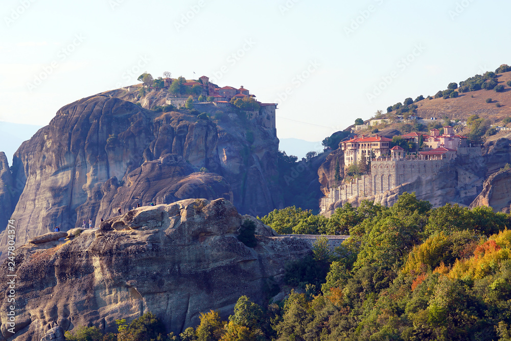 Beautiful light effect at dawn on the rock formations and monasteries of Meteora