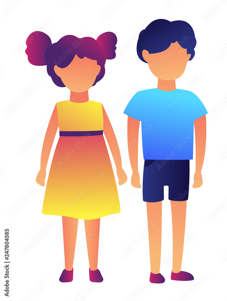 Cute preschool boy and girl standing together vector illustration