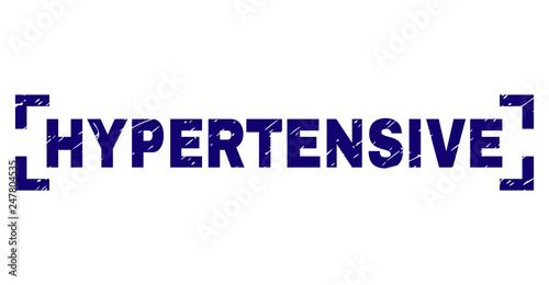 HYPERTENSIVE label seal print with grunge texture. Text label is placed inside corners. Blue vector rubber print of HYPERTENSIVE with dirty texture.