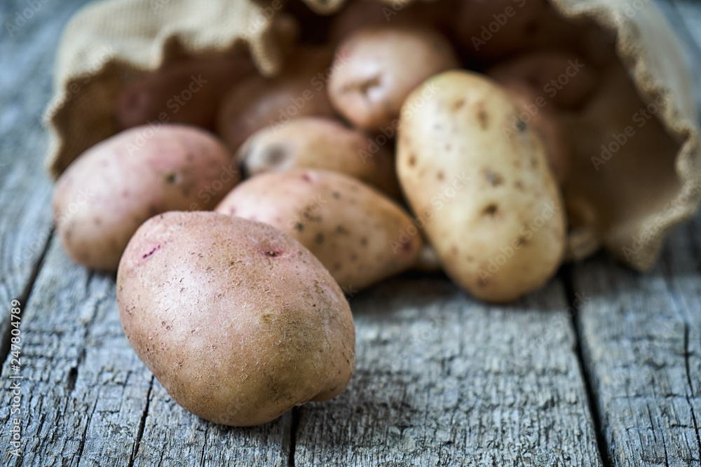 Potatoes which just fell out of the burlap sack lying on the wood boards Potatoes which just fell out of the burlap sack lying on the wood boards
