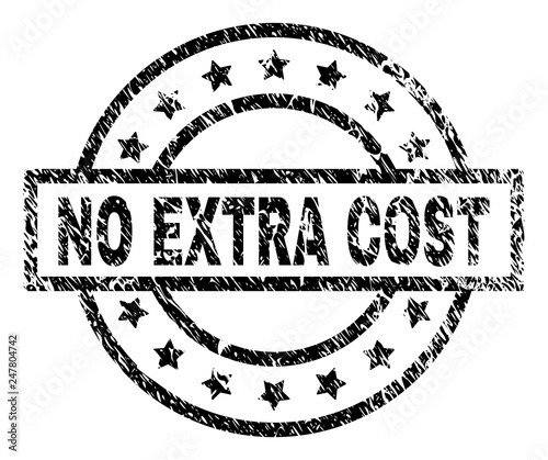 NO EXTRA COST stamp seal watermark with distress style. Designed with rectangle, circles and stars. Black vector rubber print of NO EXTRA COST text with grunge texture.