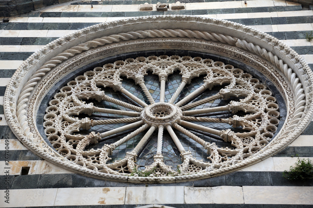 Rosette at the Church of St. John the Baptist in Monterosso, Liguria, Italy