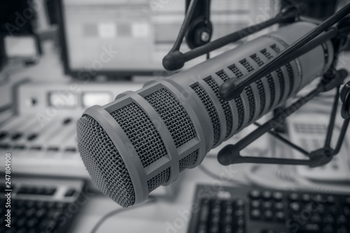 Professional microphone in radio studio