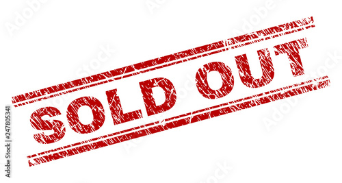 SOLD OUT seal stamp with grunge texture. Red vector rubber print of SOLD OUT text with unclean texture. Text caption is placed between double parallel lines.