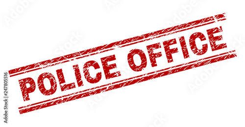 POLICE OFFICE seal print with corroded texture. Red vector rubber print of POLICE OFFICE title with unclean texture. Text title is placed between double parallel lines.
