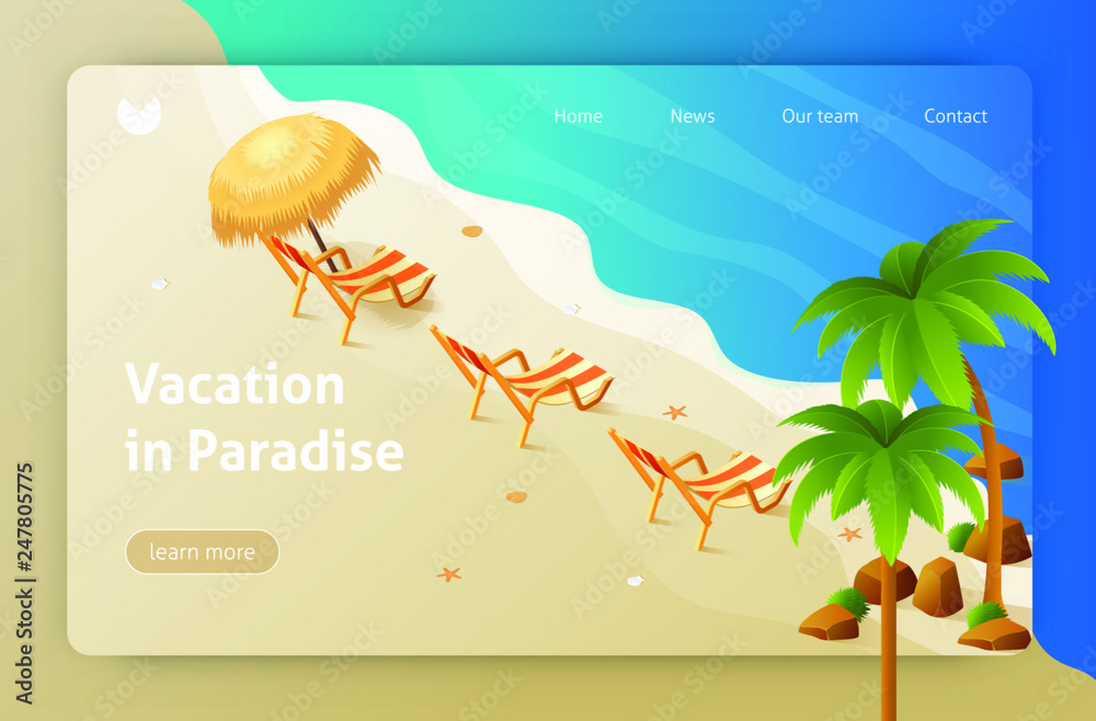 Travel, great design for any purposes. Tropical beach, lounge chair. Isometric vector illustration. Summer holiday. Sand sea ocean. Business vector illustration.