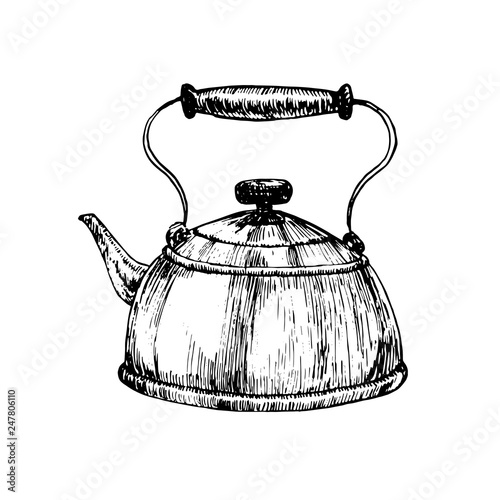 Teapot, hand drawn doodle, sketch, black and white vector illustration