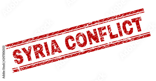 SYRIA CONFLICT seal print with corroded texture. Red vector rubber print of SYRIA CONFLICT label with corroded texture. Text label is placed between double parallel lines.