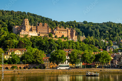 View of city Heidelberg and ruins of renaissance Heidelberg Castle on Konigstuhl hill, Germany