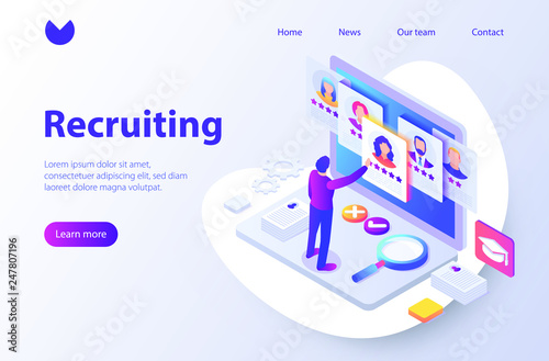 Recruitment concept banner with character. Can use for web banner, infographics, hero images. Flat isometric vector illustration isolated on white background.
