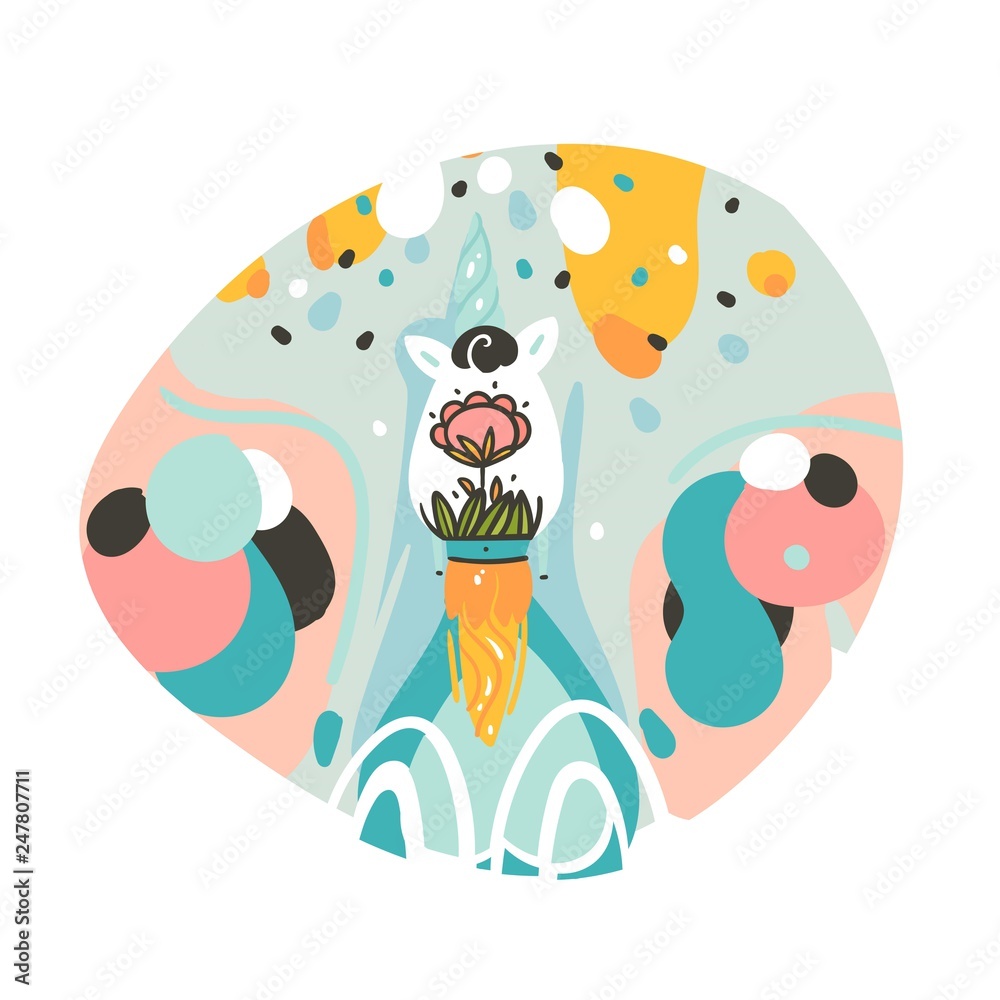 Fototapeta premium Hand drawn vector abstract graphic creative cartoon illustrations poster or print with unicorn spaceship ,comets and planets in cosmos isolated on white abstract background
