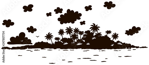 Small desert island with rocks and palms in a tropical sea, black and white silhouette vector illustration in a cartoon style