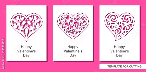 Set of greeting card with lacy hearts with flowers, curls, butterflys and word "Love". Gift for Valentine's Day, Mothers Day or wedding. White objects on a pink background. Template for laser cutting.