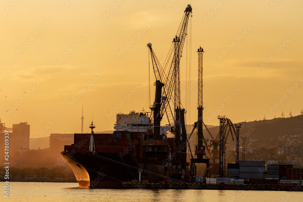 Container ship is loading in a port, evening light, dusk