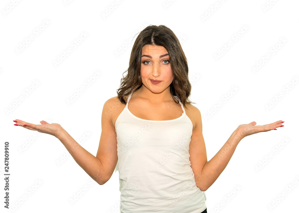 portrait of a young woman with an irritated expression, hands in the air, isolated on white background. Negative human emotions portrait of a young woman with an irritated expression, hands in the air, isolated on white background. Negative human emotions