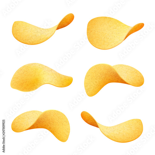 Set of yellow crispy potato chips isolated on white background